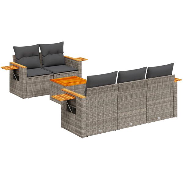 vidaXL 6-delige Loungeset met kussens poly rattan grijs