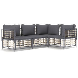 vidaXL 4-delige Loungeset met kussens poly rattan antracietkleurig