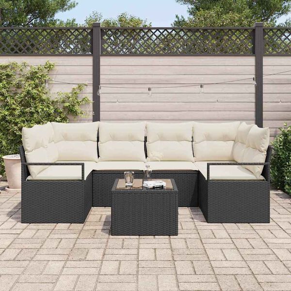 vidaXL Tuin Sofa Set 7 pcs Zwart en Cr&egrave;me Poly rattan, staal en glas