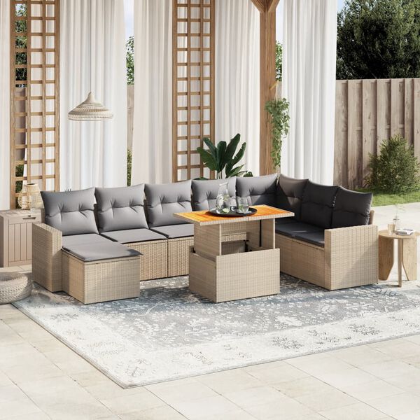 vidaXL 9-delige Loungeset met kussens poly rattan beige