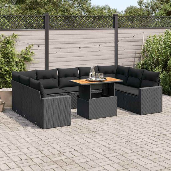 vidaXL 10-delige Loungeset met kussens poly rattan zwart