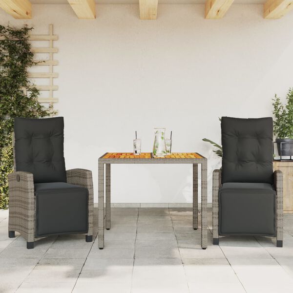 vidaXL 3-delige Tuinset met kussens poly rattan grijs