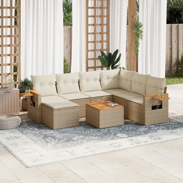 vidaXL 8-delige Loungeset met kussens poly rattan beige