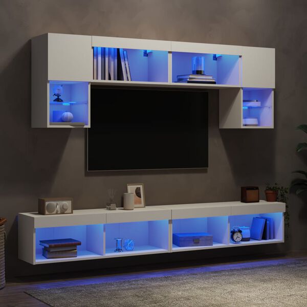 vidaXL 6-delige Tv-wandmeubelset met LED-verlichting bewerkt hout wit