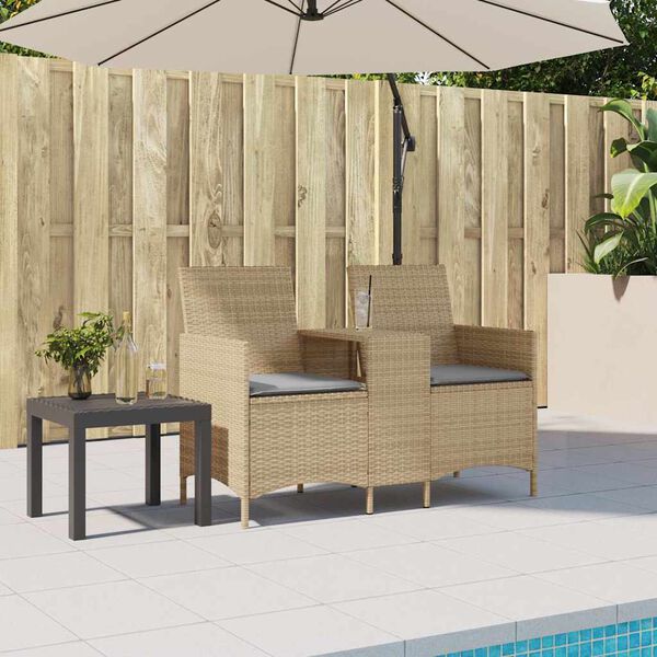vidaXL Tuinbank 2-zits met tafel en kussens poly rattan beige