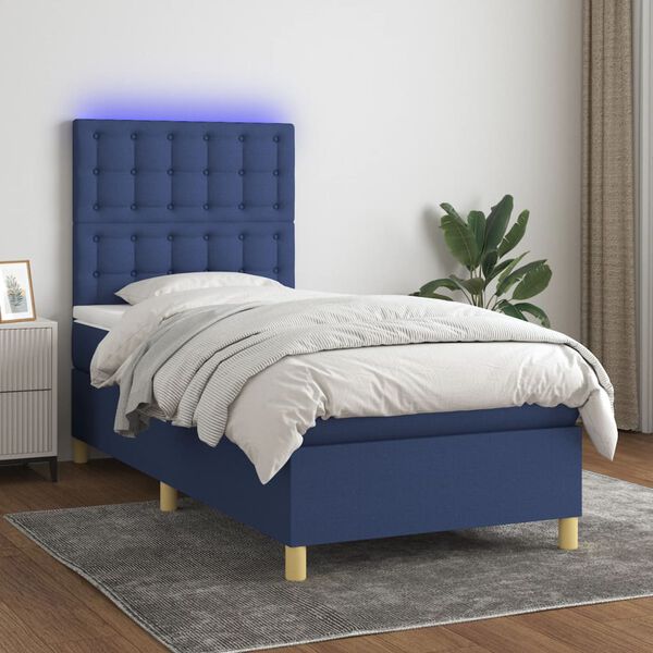 vidaXL Boxspring met matras en LED stof blauw 90x190 cm