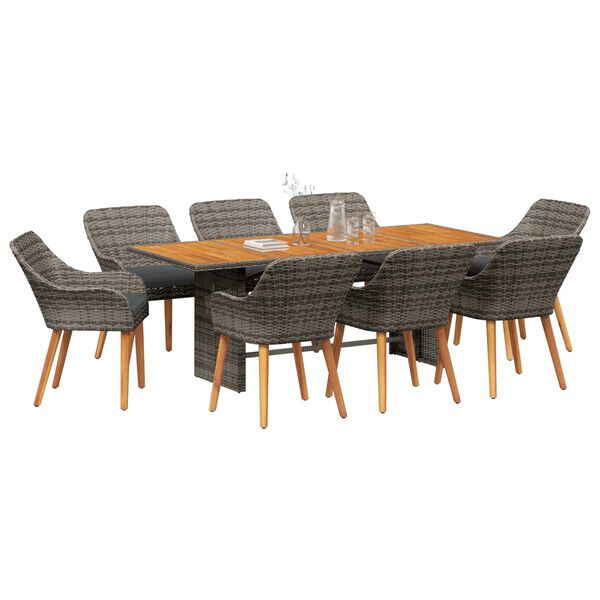 vidaXL Tuin eettafelset met kussen 9 pcs Grijs poly rattan