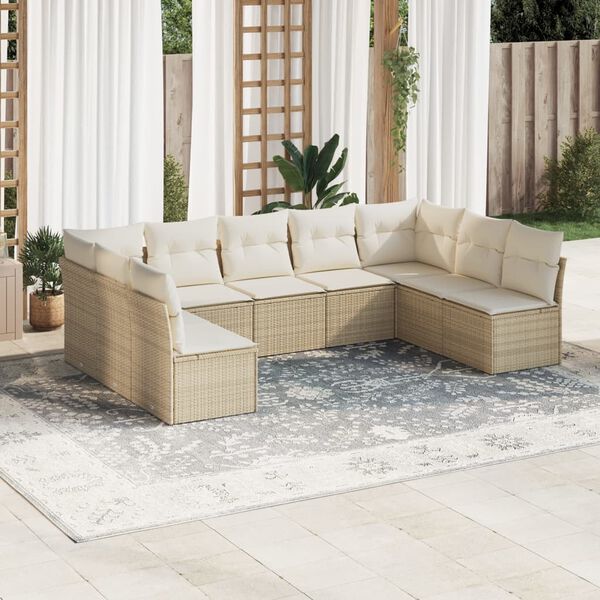 vidaXL 9-delige Loungeset met kussens poly rattan beige