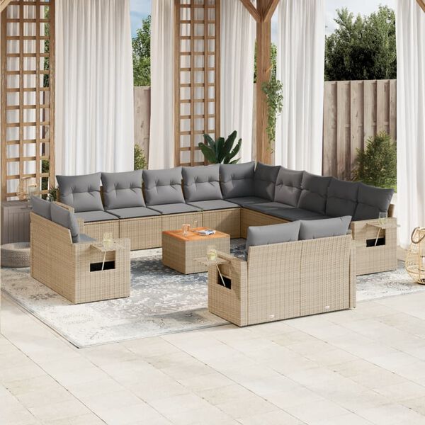 vidaXL 14-delige Loungeset met kussens poly rattan beige