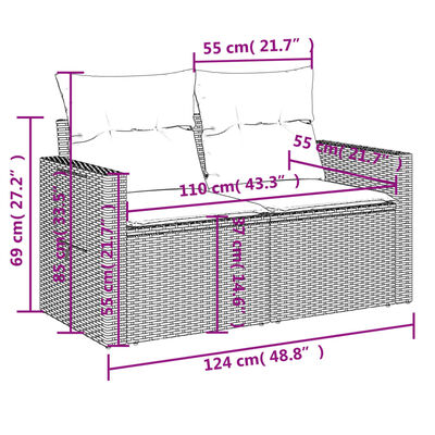 vidaXL Tuinbank 2-zits met kussens poly rattan bruin