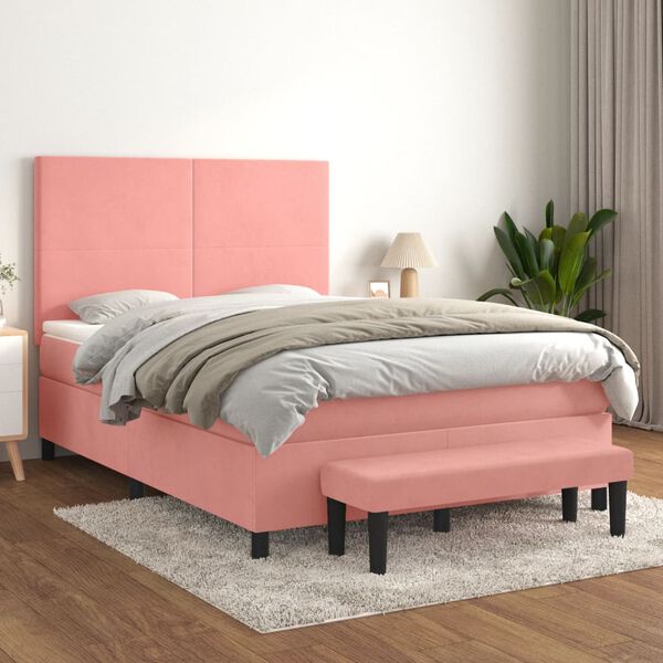 vidaXL Boxspring met matras fluweel roze 140x200 cm
