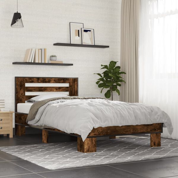 vidaXL Bedframe bewerkt hout en metaal gerookt eikenkleurig 75x190 cm