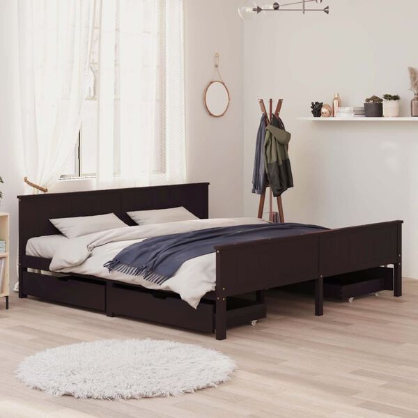 vidaXL Bedframe met 4 lades massief grenenhout donkerbruin 200x200 cm