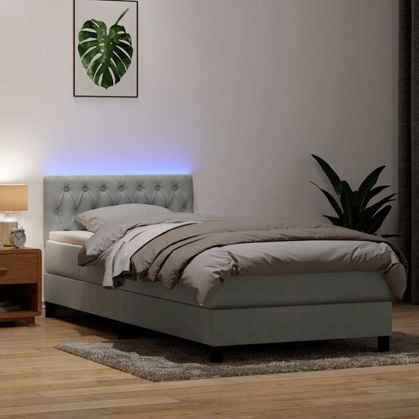 vidaXL Boxspring met matras en LED fluweel lichtgrijs 90x220 cm