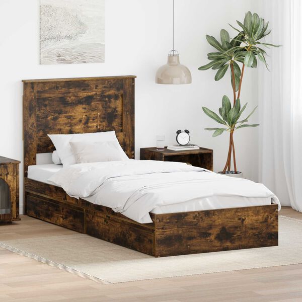 vidaXL Opslag bed met lade Gerookt eiken 90 x 190 cm Bewerkt hout