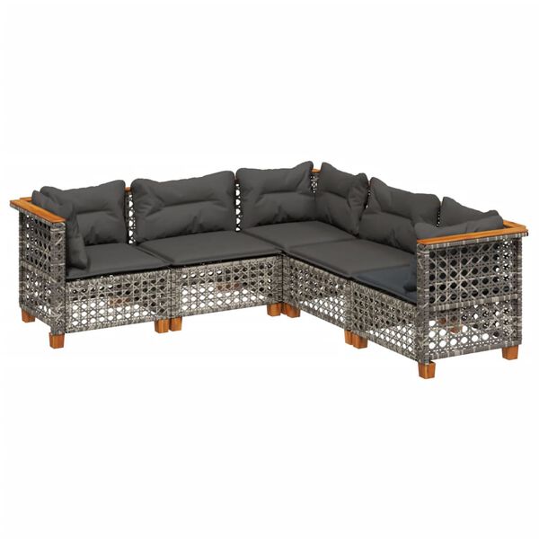 vidaXL 5-delige Loungeset met kussens poly rattan grijs