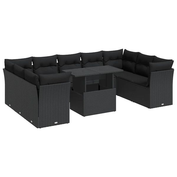 vidaXL 10-delige Loungeset met kussens poly rattan zwart