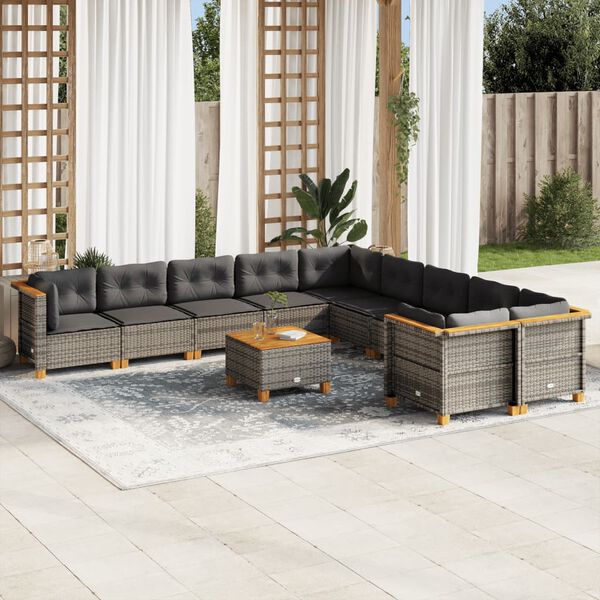 vidaXL 11-delige Loungeset met kussens poly rattan grijs