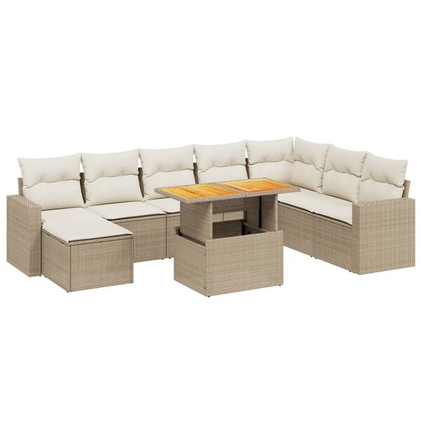 vidaXL 9-delige Loungeset met kussens poly rattan beige