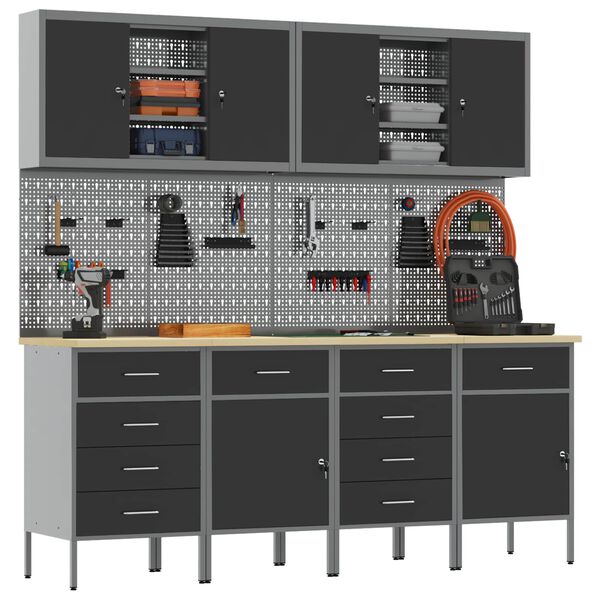 vidaXL Werk kast met lade 10 pcs Zwart Engineered hout en staal