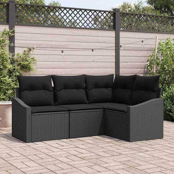 vidaXL Tuinbankenset met kussen met opslag 4 pcs Zwart poly rattan