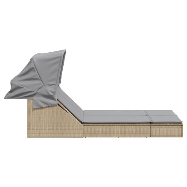 vidaXL Ligbed 2-persoons met luifel en kussens poly rattan beige