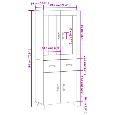 vidaXL Hoge kast 69,5x34x180 cm bewerkt hout bruin eikenkleur