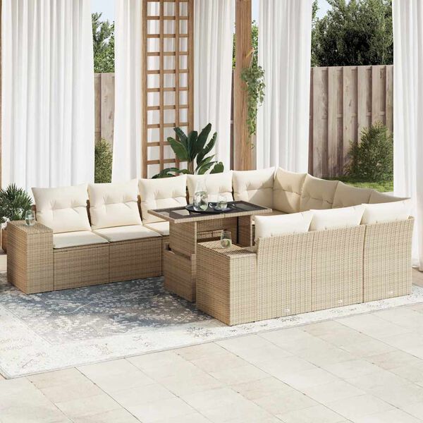 vidaXL 11-delige Tuinset met kussens poly rattan beige