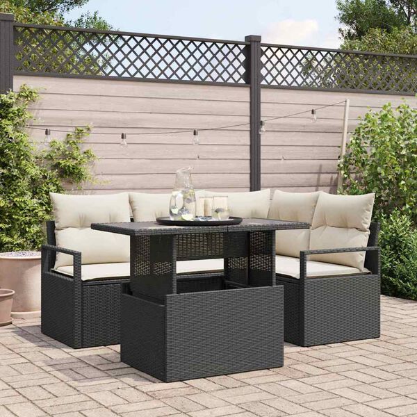 vidaXL Tuin Sofa Set met kussen 5 pcs Zwart en cr&egrave;me poly rattan