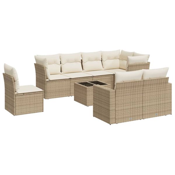 vidaXL 9-delige Loungeset met kussens poly rattan beige