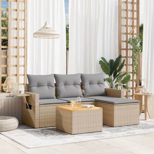 vidaXL 5-delige Loungeset met kussens poly rattan beige
