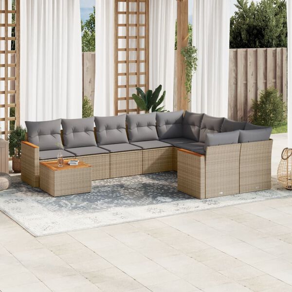 vidaXL 10-delige Loungeset met kussens poly rattan gemengd beige
