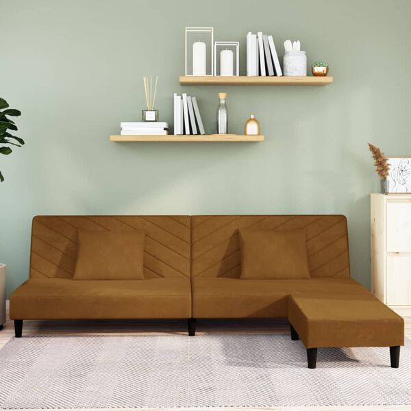 vidaXL Slaapbank 2-zits met 2 kussens en voetenbank fluweel bruin