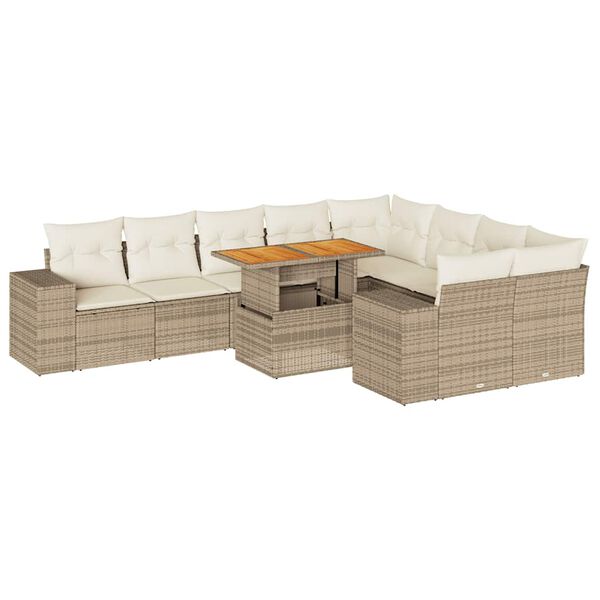 vidaXL 10-delige Loungeset met kussens poly rattan acacia beige