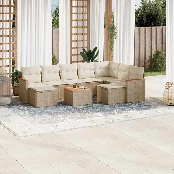 vidaXL 10-delige Loungeset met kussens poly rattan beige