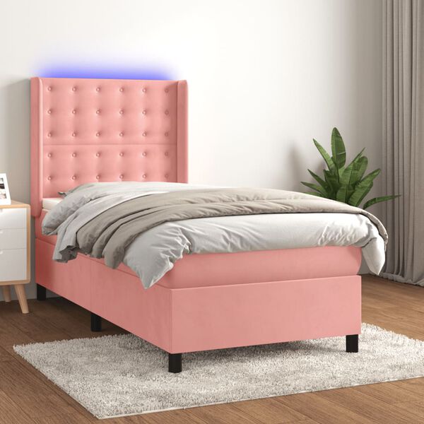 vidaXL Boxspring met matras en LED fluweel roze 100x200 cm