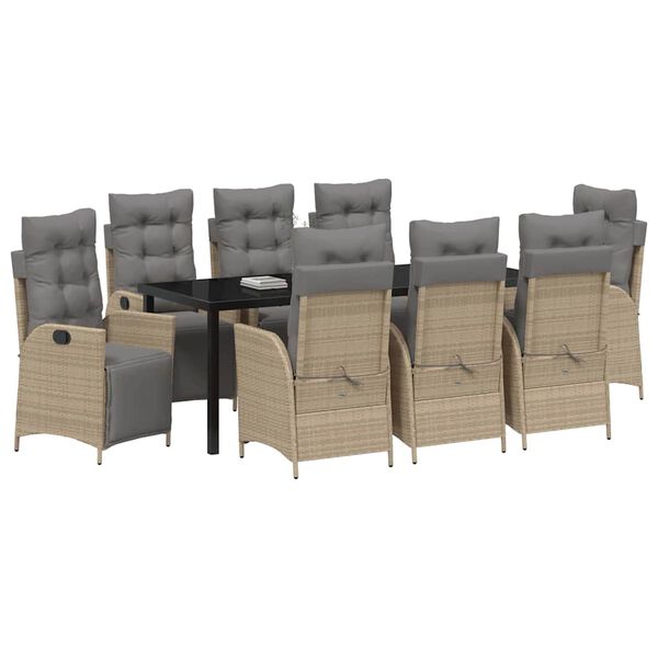 vidaXL Tuin eettafelset met kussen 9 pcs Beige poly rattan