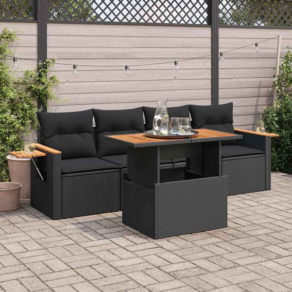 vidaXL 5-delige Loungeset met kussens poly rattan acacia zwart