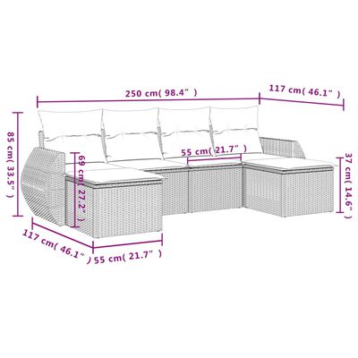 vidaXL 6-delige Loungeset met kussens poly rattan lichtgrijs