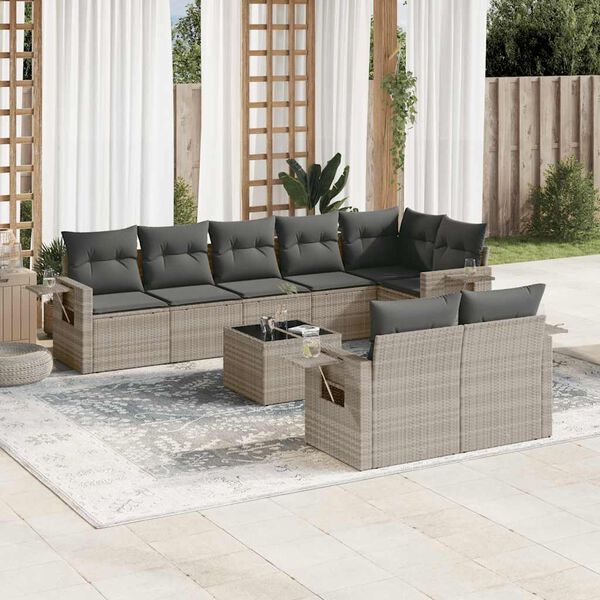 vidaXL 9-delige Loungeset met kussens poly rattan lichtgrijs
