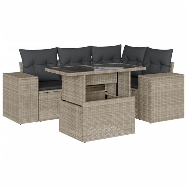 vidaXL 5-delige Loungeset met kussens poly rattan lichtgrijs