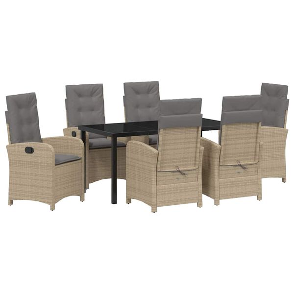 vidaXL Tuin eettafelset met kussen 7 pcs Beige poly rattan