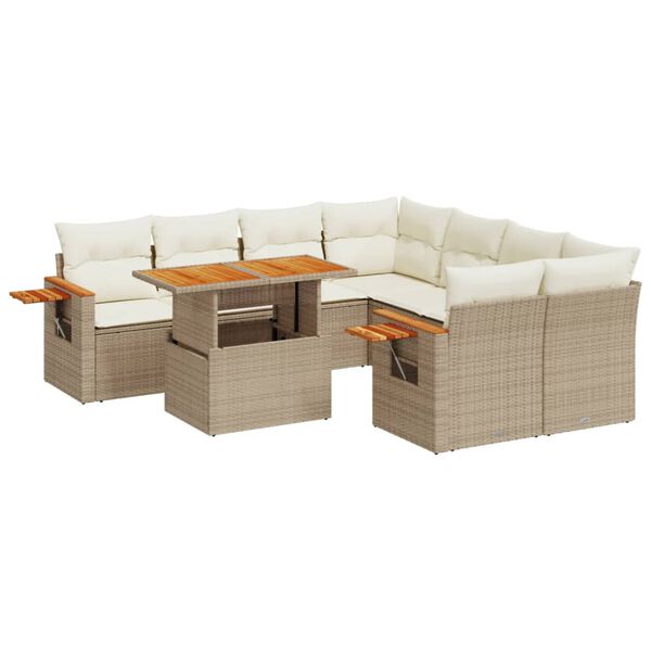 vidaXL 9-delige Loungeset met kussens poly rattan beige