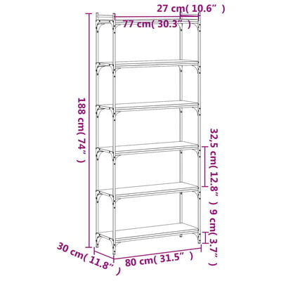 vidaXL Boekenkast 6-laags 80x30x188 cm bewerkt hout gerookt eikenkleur