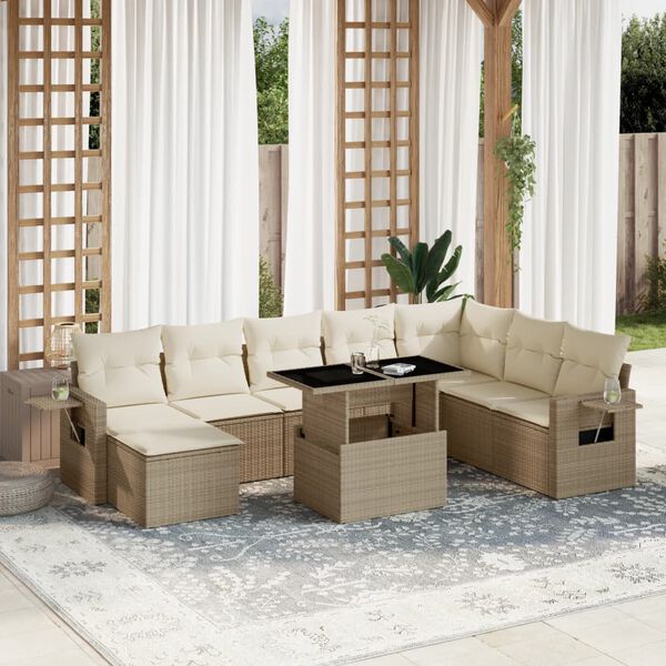 vidaXL 9-delige Loungeset met kussens poly rattan beige