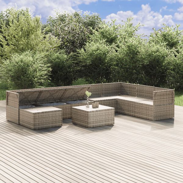 vidaXL 9-delige Loungeset met kussens poly rattan grijs