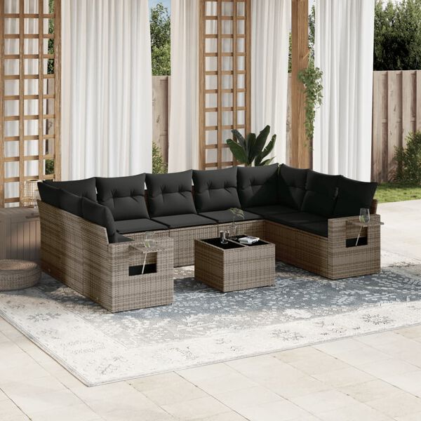 vidaXL 10-delige Loungeset met kussens poly rattan grijs
