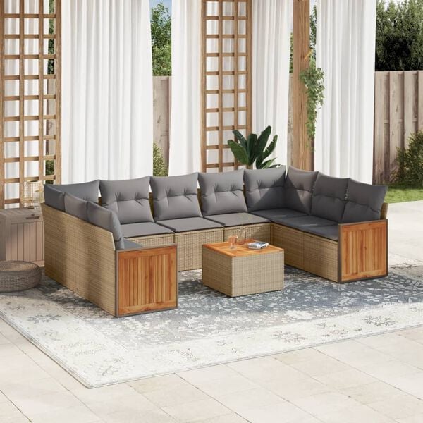 vidaXL 10-delige Loungeset met kussens poly rattan beige