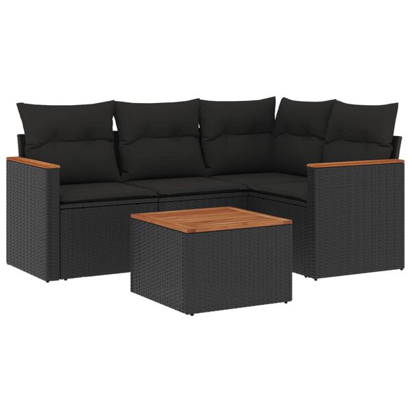 vidaXL 5-delige Loungeset met kussens poly rattan zwart