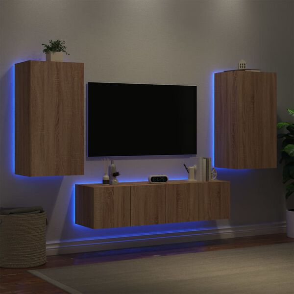 vidaXL 4-delige Tv-wandmeubelset met LED bewerkt hout sonoma eiken